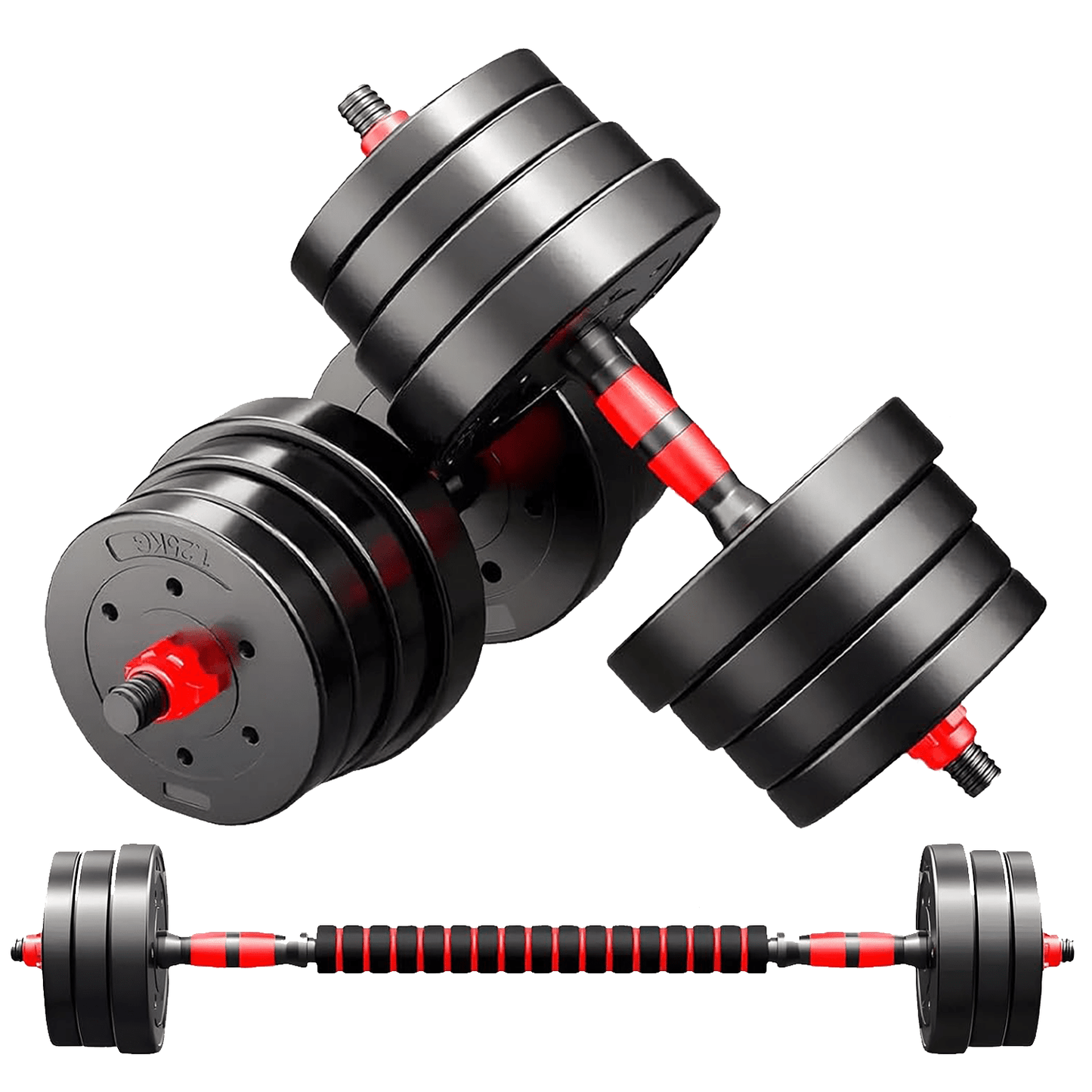 Adjustable Dumbbell Set - 2-in-1, 10 kg, 15 kg, 20 kg, 30 kg, 40 kg - Non-Slip Straight Barbell with Coated Weight Plates and Dumbbells