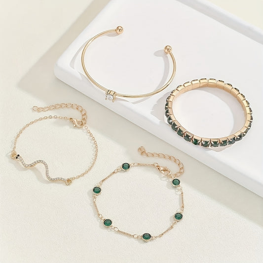 4pcs Set Vintage Boho Style Green Rhinestone Snake Chain Bracelets, Zinc Alloy Fashion Animal Theme Jewelry, for Women, with Daily & Gift Occasions, Valentine'S Day All-Season Accessory