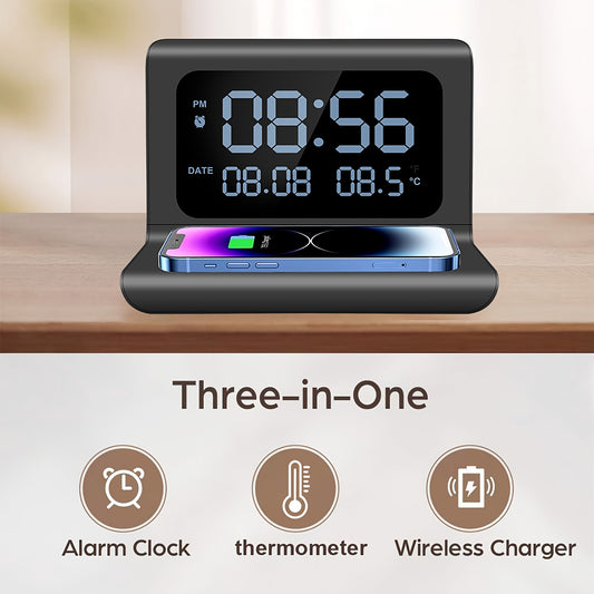 3in 1 Wireless Charger, Time Temperature Display, Alarm Clock for Bedroom Desk, Charging Dock Station for iPhone 16 15 14 13 12 11 Pro Max/Mini/Plus/XR/X/8 AirPods 2/3/4/Pro/Pro 2, AirPods 4/3/Pro/2, for Samsung S25/S23/S22/S