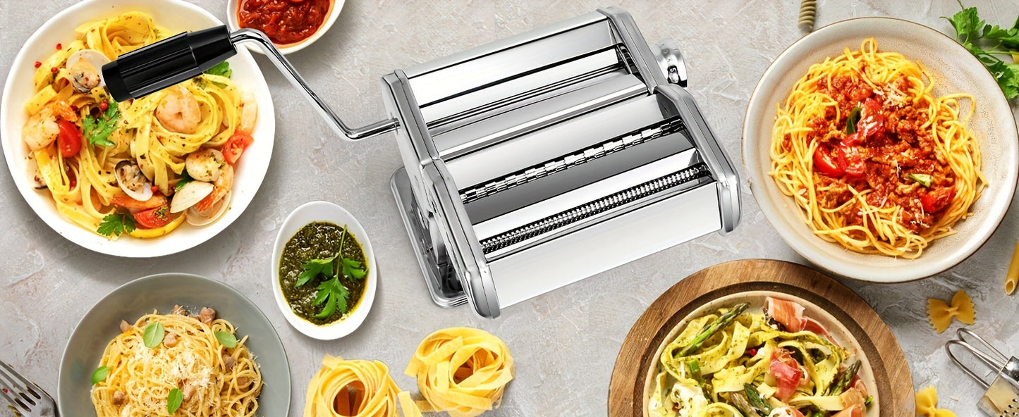 Manual Pasta Maker Machine, Stainless Steel Pasta Roller and Cutter with 6 Adjustable Thickness Settings, Dual Width Noodle Maker for Pasta, Spaghetti, Fettuccine, Lasagna