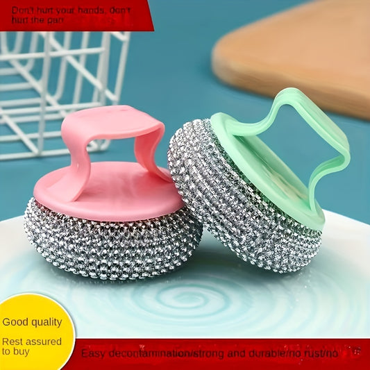 2pcs/Stainless Steel Sponge Handle Scrub Bru Nsh Kitchen Cleaning Tool, On-Scratch Nano Wire Detachable Stain Removal Ball for Home Use, No Residue Multi-Purpose Cleaning Brushp