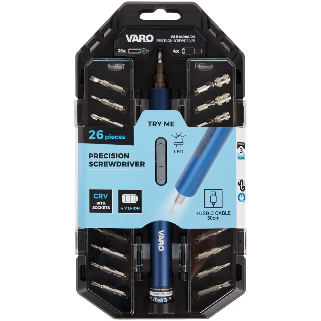 Varo Precision Electric Screwdriver Set 26 pieces | 4 volts for Multiple Use