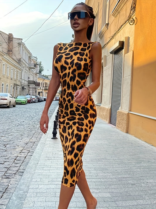 Leopard Print Backless Sleeveless Bodycon Dress - Stretchy Slim Fit Long Length Crew Neck Gothic Raglan Style Machine Washable Autumn Fashion Dress for Women, Leopard Print Dress, Street Style Attire, Formal Elegance, Smooth