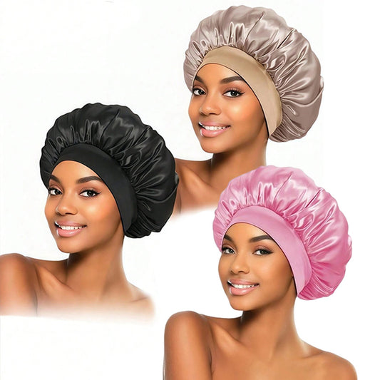 1pc Satin Sleep Cap, Soft Elastic Anti-frizz Hair Bonnet, Satin Hair Wrap for Curly Hair, Black and Golden Color, Home Bathroom Decor