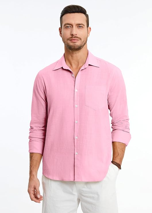 Men's Cotton Linen Shirts Long Sleeve Lightweight Summer Linen Shirt Regular Fit Button Down Casual Shirt with Pocket