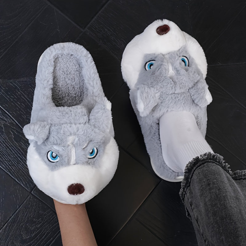 Adorable Husky-Shaped Plush Slippers for Men & Women - Soft, Durable, Warm & Cozy Indoor/Outdoor Wear, Brown & White Cartoon Design, Slip-On Style, Perfect for Fall/Winter Season, Cozy Home Shoes | Trendy Slippers | Durable S