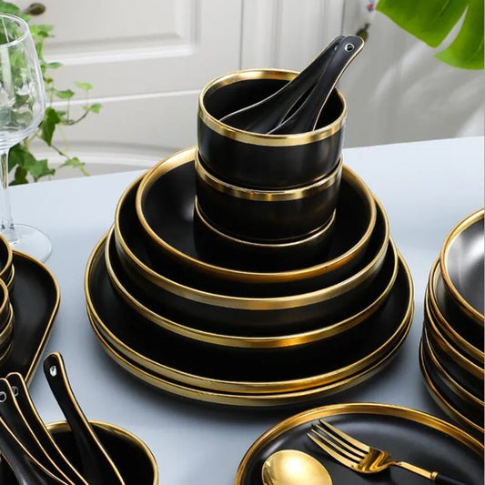 Black Porcelain Dinnerware Set with Gold Rim, Ceramic Plates, Bowls & Cutlery for Home & Restaurant Use