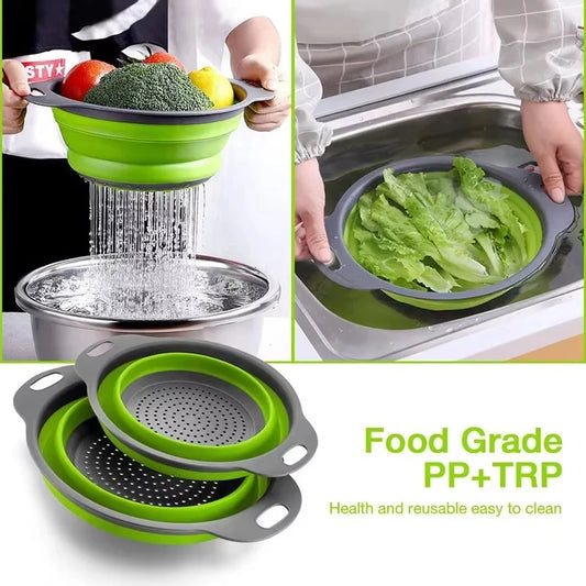 Collapsible Silicone Colander Strainer Basket, Foldable Vegetable and Fruit Washing & Draining Basket Kitchen Gadget
