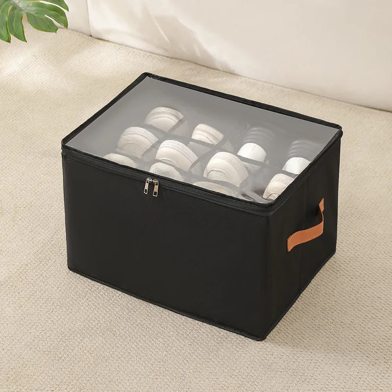 Foldable Shoe Organizer with Lid – Heavy-Duty Oxford Fabric Storage Box with Clear Front Panel