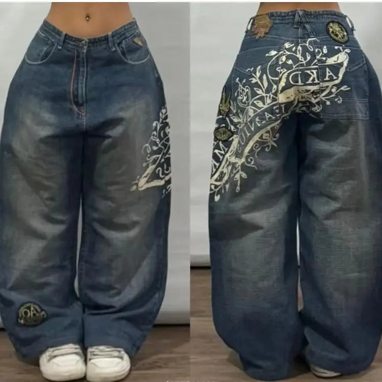 Y2K Hip-hop Stitching Fashion Joker Retro Jeans Female Korean Casual Simple Dress Essential Wide-leg Pants Loose Joker Overalls