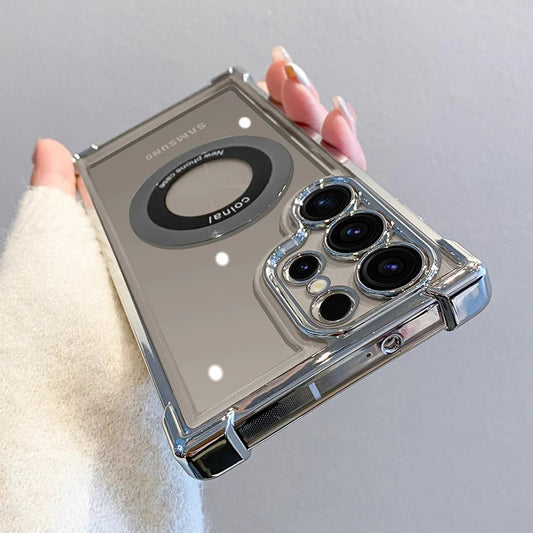 Luxury Plating Magnetic Wireless Charge Case For Samsung S25 Series Clear Lens Protection Cover