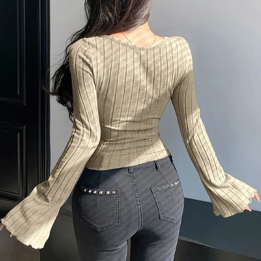 Women’s Ribbed Knit Long Sleeve T-Shirt with Square Neck and Cross Strap, Slim Fit Solid Color Casual Top for Autumn and Winter Streetwear