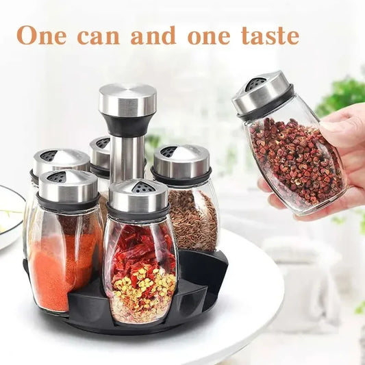 Kitchen Rotating Spice Bottle Set, Glass Seasoning Storage Jars with Rack for Salt, Sugar, Pepper & Spices