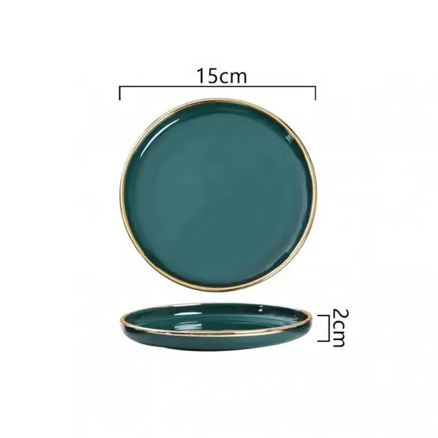 Luxury Green Ceramic Dinnerware Set with Gold Rim, Porcelain Plates & Bowls for Dessert, Salad & Soup