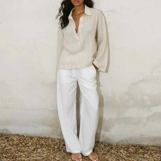 Women’s 100% Linen Half-Button V-Neck Shirt, Long Sleeve Turn-Down Collar Casual Retro Blouse for Spring and Daily Wear