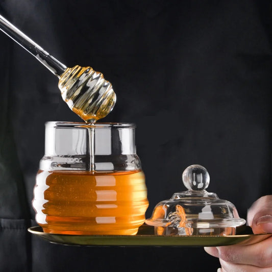 Transparent Honey Pot with Dipper and Lid – Honeycomb Design Honey Tank Kitchen Honey Bottle