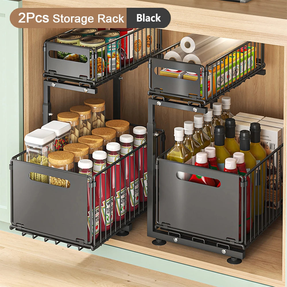 2-Tier Pull Out Cabinet Organizer, Adjustable Slide Out Kitchen Storage Rack for Under Sink & Spice Jar Organization