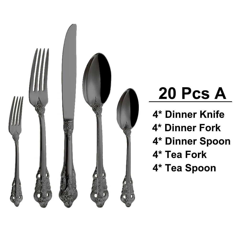 20/30PCS Luxury Gold & Silver Cutlery Set, Vintage Stainless Steel Flatware with Engraved Forks, Spoons & Knives