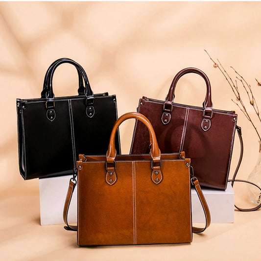 Women’s Genuine Leather Handbag Crossbody Shoulder Tote Bag, Real Cowhide Office and Shopping Messenger Bag with Top Handle and Adjustable Strap