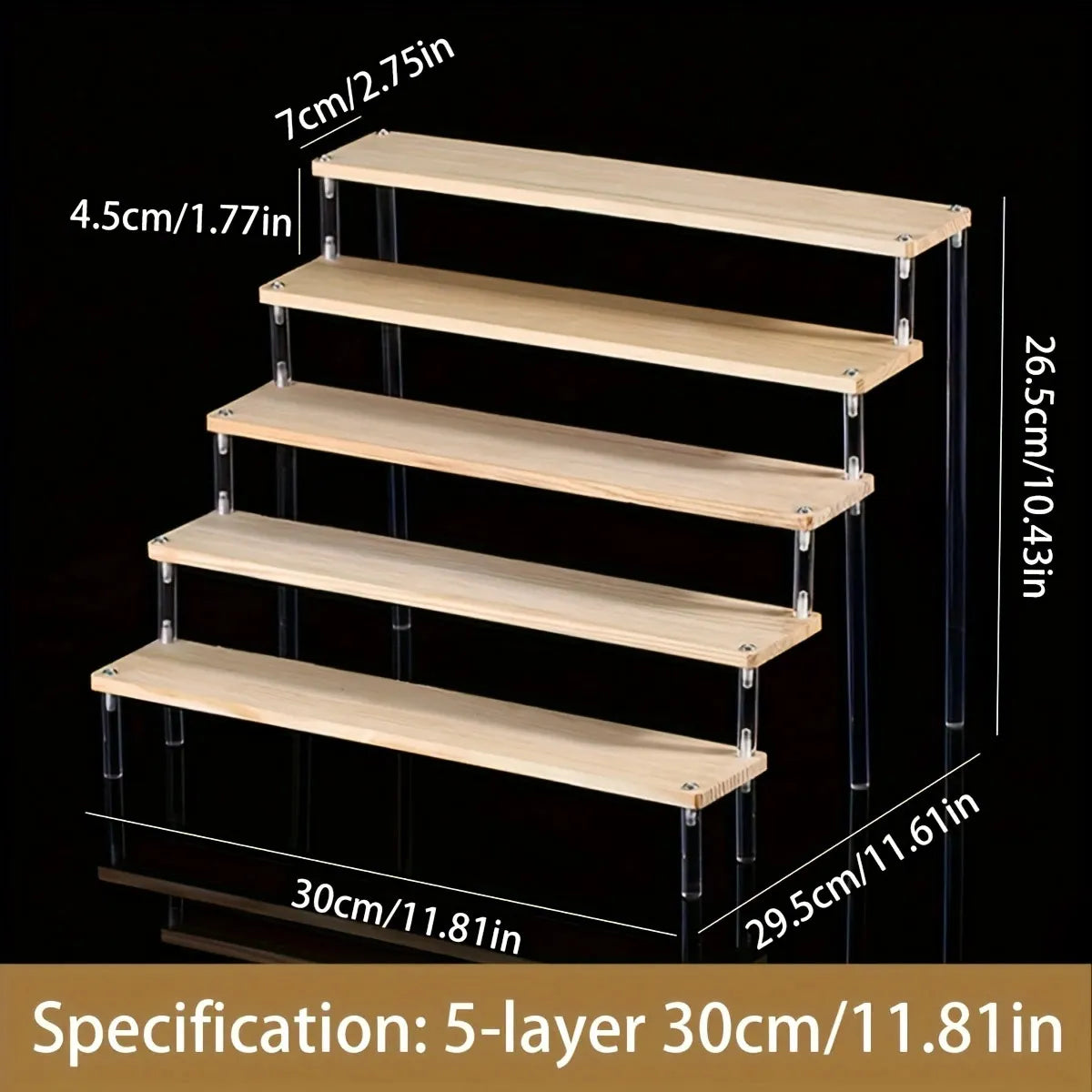 4-Tier Wooden Display Rack, Transparent Perfume & Cosmetics Organizer Shelf for Bathroom & Vanity