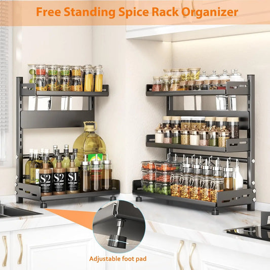 3-Tier Spice Storage Rack for Countertop, Adjustable Metal Kitchen Organizer Shelf for Cabinet & Pantry – Black