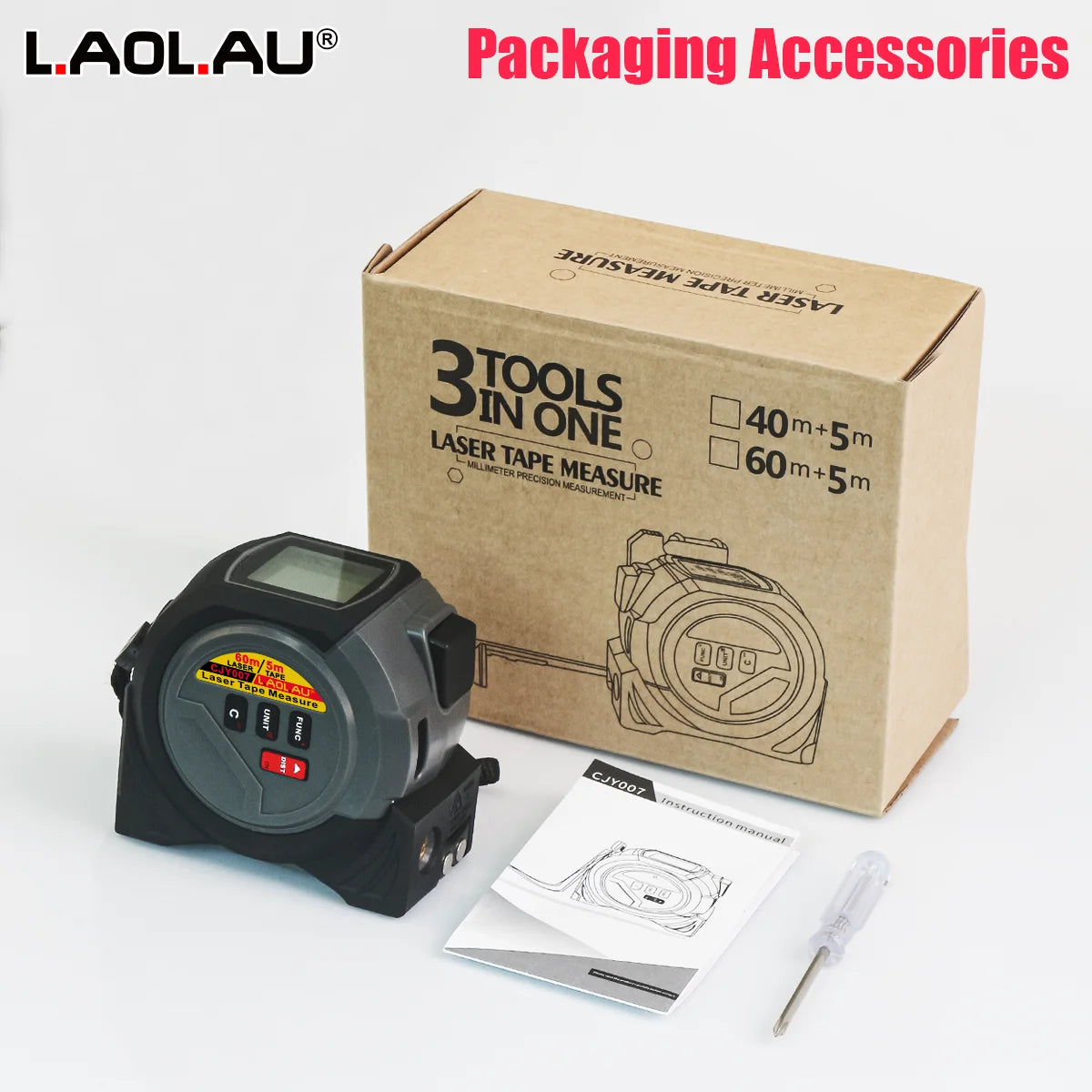 3-in-1 Laser Tape Measure with 60m/40m Rangefinder, 5m Retractable Tape, Cross Line Laser Level, LCD Backlight Display, ±3mm Accuracy, Magnetic Mount, AAA Battery Powered