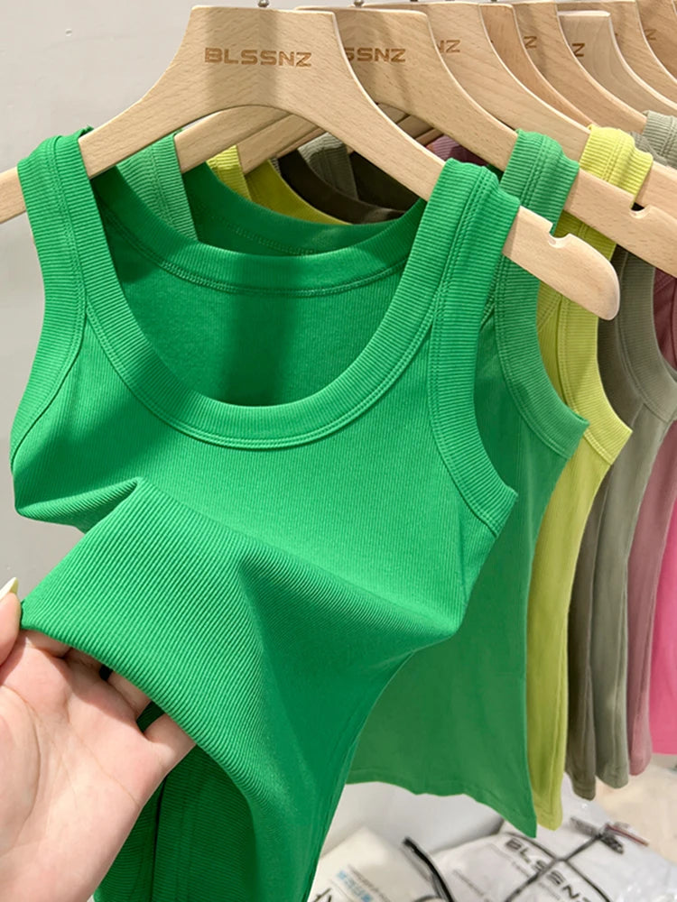 Women’s Ribbed Cotton Tank Top Solid Color Round Neck Camisole, High Stretch Summer Basic O-Neck Sleeveless Casual Top