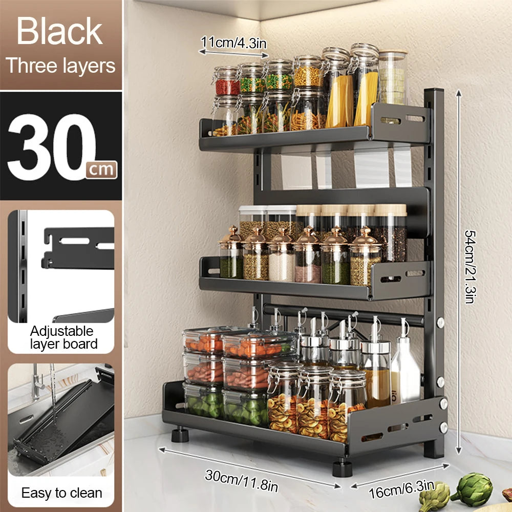 3-Tier Spice Storage Rack for Countertop, Adjustable Metal Kitchen Organizer Shelf for Cabinet & Pantry – Black
