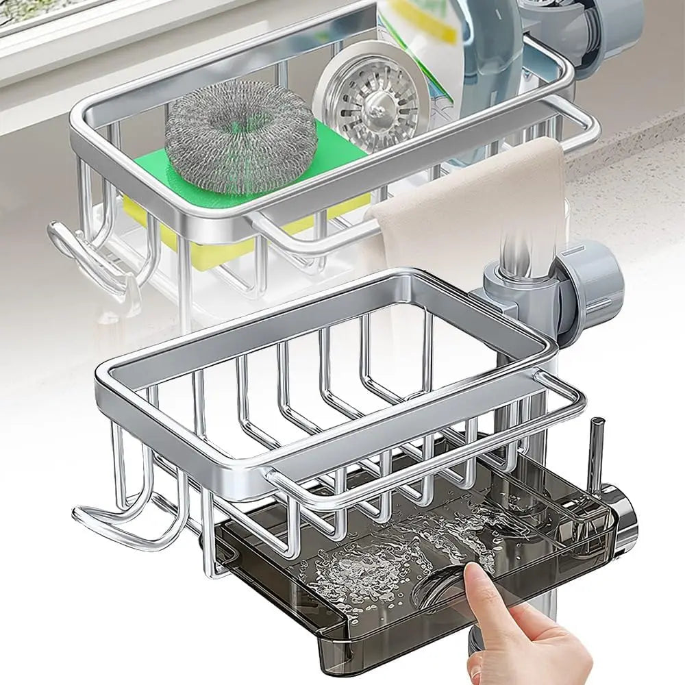 Kitchen Sink Faucet Organizer Dish Drain Rack, Rustproof Adjustable Sponge Holder Sink Caddy with Drain Tray & Towel Rack