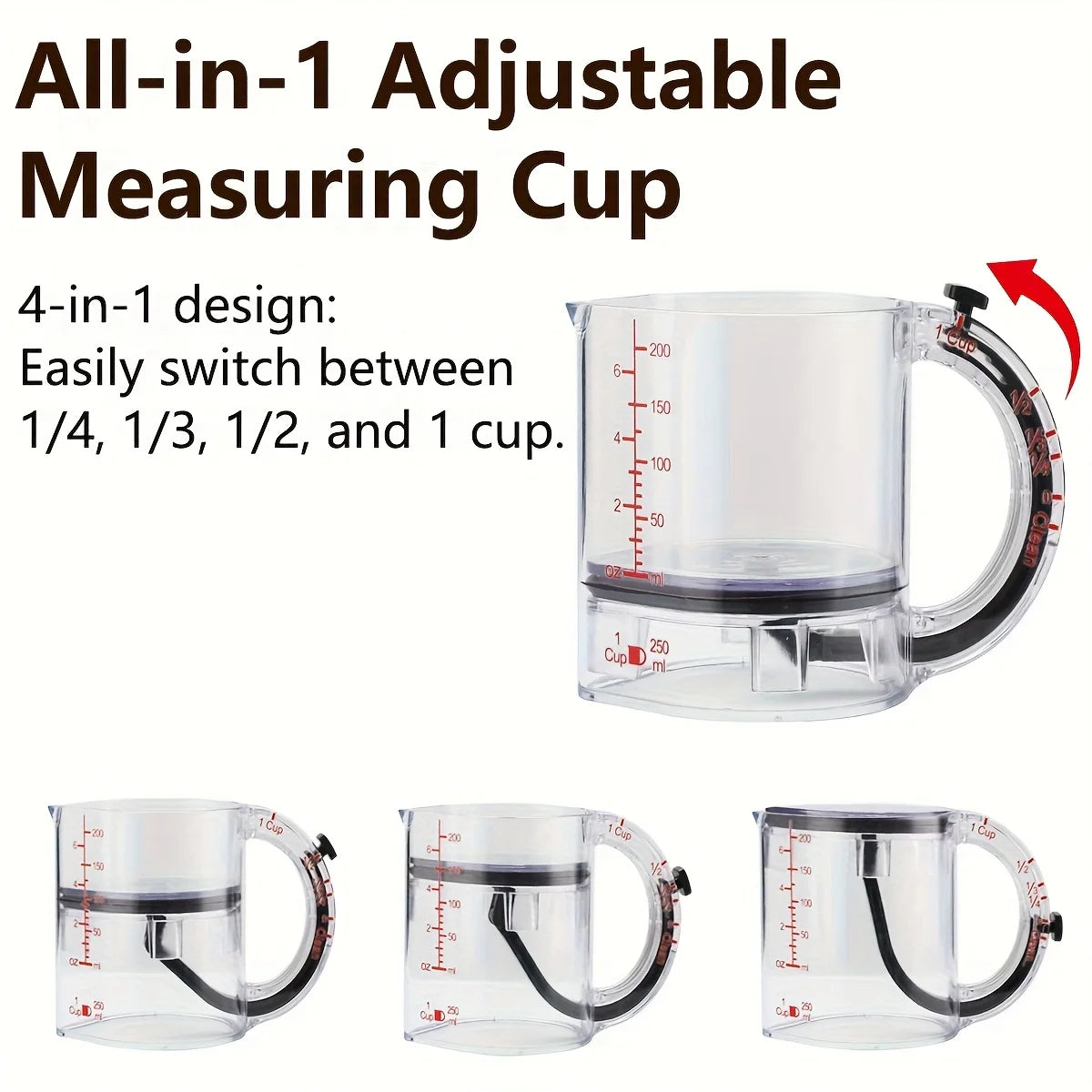 4-in-1 Adjustable Measuring Cup – Multifunctional Kitchen Measuring Cup with Scraper-Style Seal Base for Cooking and Baking