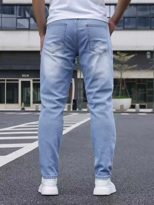 Men’s Light Blue Slim-Fit Stretch Denim Jeans, Casual and Smart Versatile Pants with Elastane Fabric for All-Season Wear