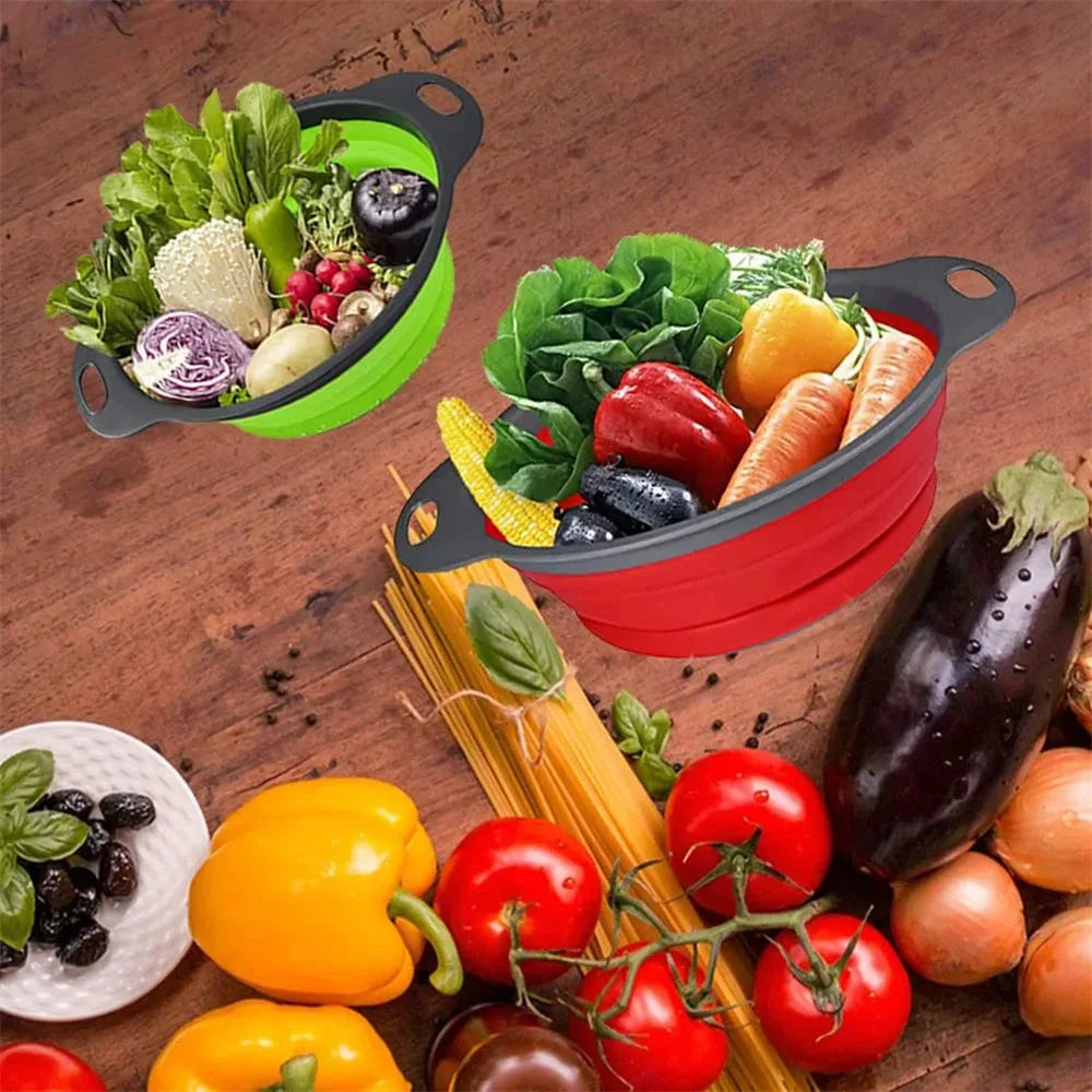 Collapsible Silicone Colander Strainer Basket, Foldable Vegetable and Fruit Washing & Draining Basket Kitchen Gadget