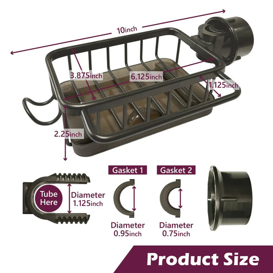 Kitchen Sink Faucet Organizer Dish Drain Rack, Rustproof Adjustable Sponge Holder Sink Caddy with Drain Tray & Towel Rack