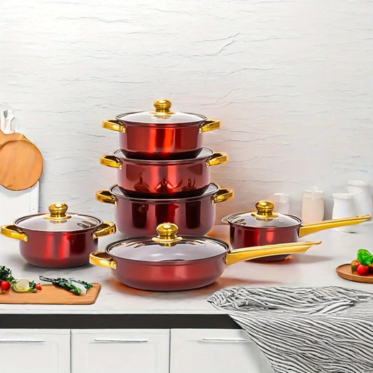 12PCS Stainless Steel Cookware Set, Non-Stick Pots & Pans with Lids, Multi-Color Kitchenware Set