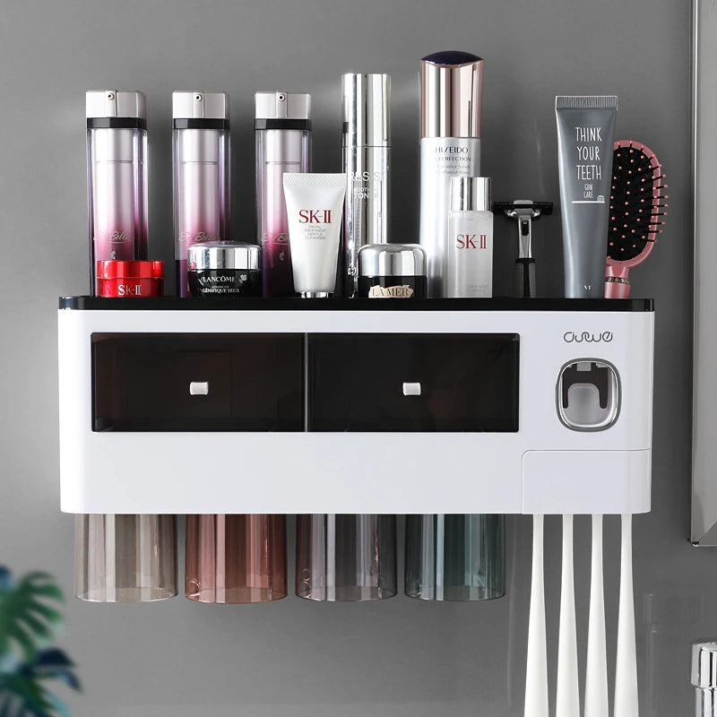Bathroom Accessories Set with Automatic Toothpaste Dispenser, Magnetic Inverted Toothbrush Holder & Storage Rack