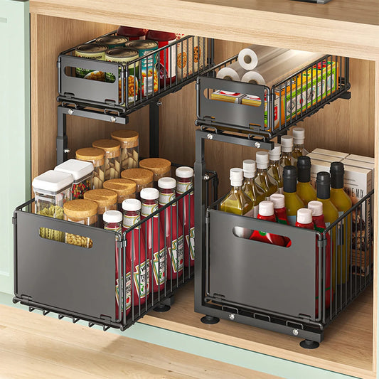 2-Tier Pull Out Cabinet Organizer, Adjustable Slide Out Kitchen Storage Rack for Under Sink & Spice Jar Organization