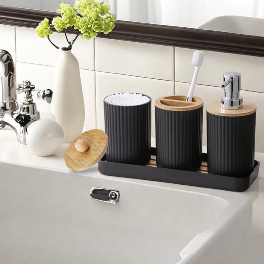 Bathroom Accessories Storage Box Set, PET & Bamboo Vanity Organizer with Soap Dispenser, Toothbrush & Cotton Swab Holder