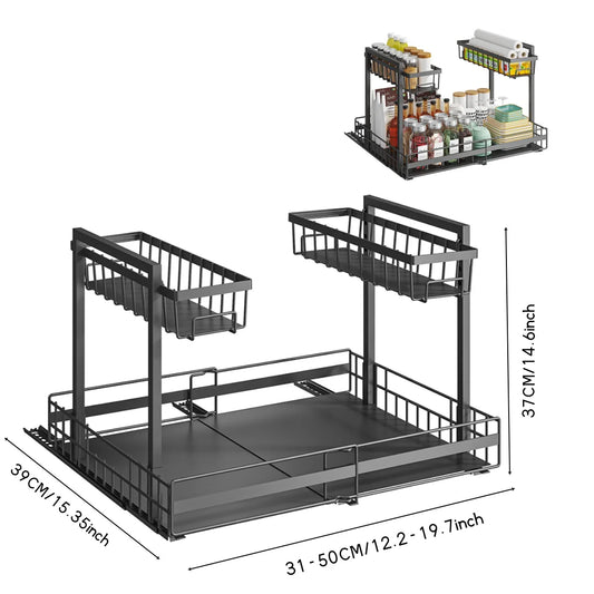 2-Tier Expandable Under Sink Organizer – Adjustable Metal Storage Shelf for Kitchen & Bathroom (Black)