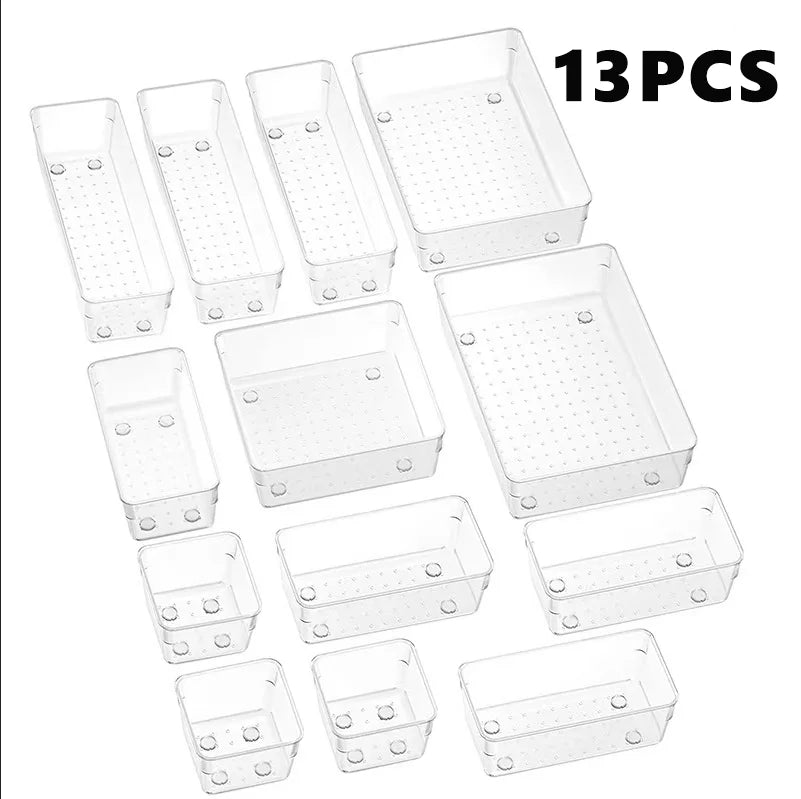 Drawer Organizers Set, Clear Plastic Desk Dividers & Storage Bins for Bedroom Dresser, Office, Makeup, Jewelry & Gadgets