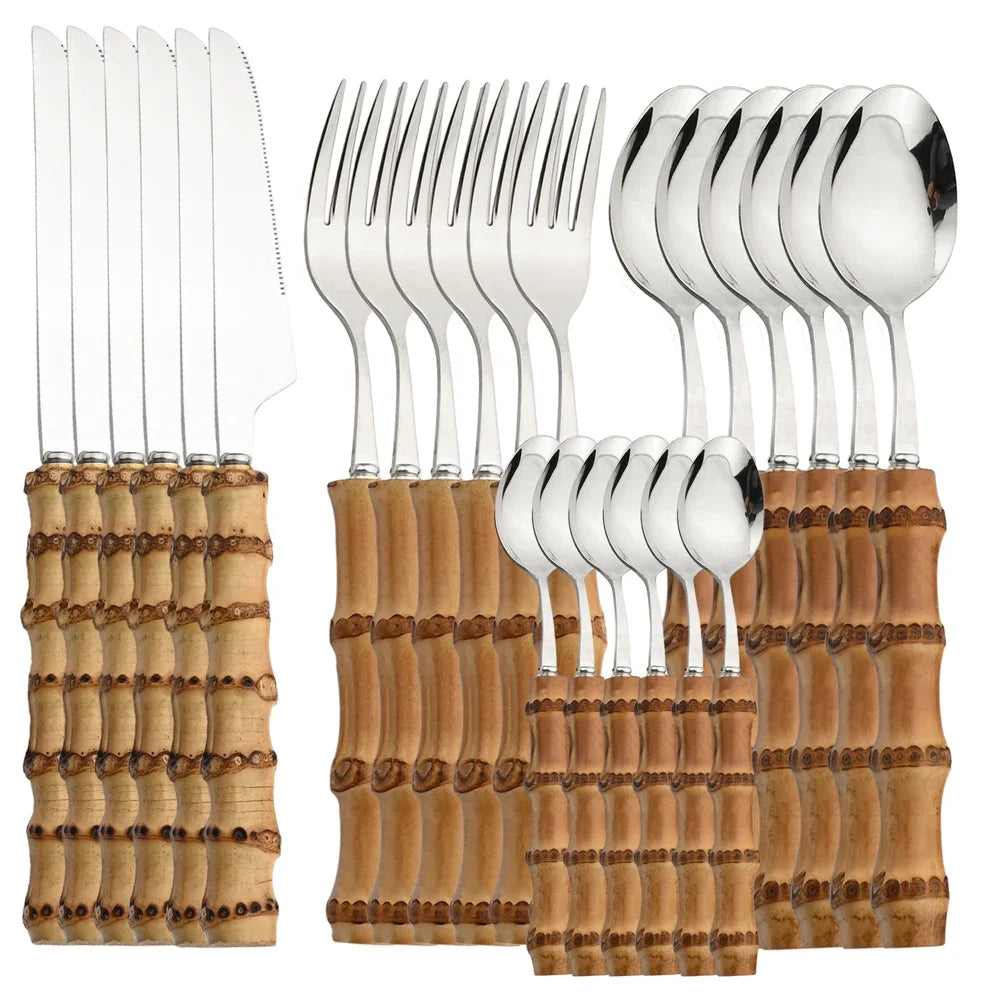 24PCS Bamboo Cutlery Set, Stainless Steel Flatware with Natural Bamboo Handles for Dinner & Steak
