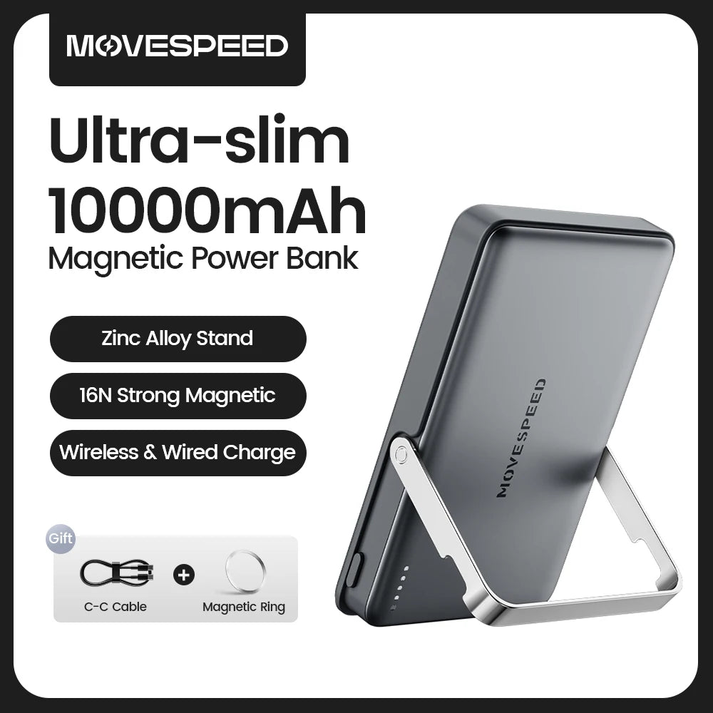 MOVESPEED S10 Slim Magnetic Power Bank 10000mAh, PD 20W Fast Charging Wireless Portable Charger with LED Indicator, USB-C External Battery for iPhone and Samsung