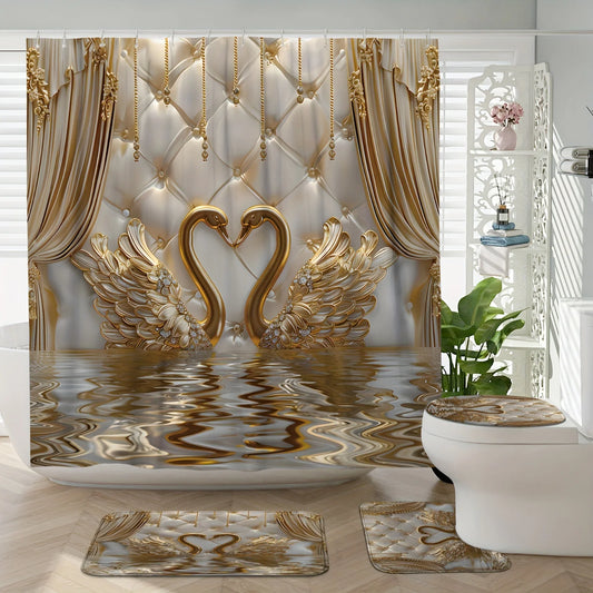 Luxury Gold Swan Bathroom Set 4PCS, Elegant Shower Curtain & Bath Mat Set with 3D Swan Design