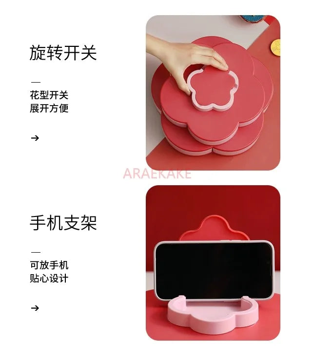 Multi layered petal rotating fruit tray with lid, multifunctional dry fruit and snack storage box for home living room
