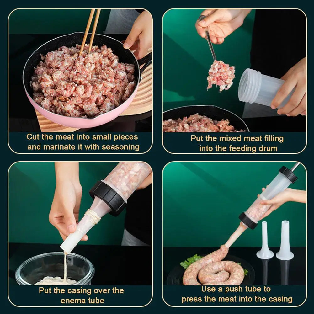 Portable Manual Sausage Maker Machine, Homemade Sausage Stuffing Press with 3 Funnels for Kitchen Use