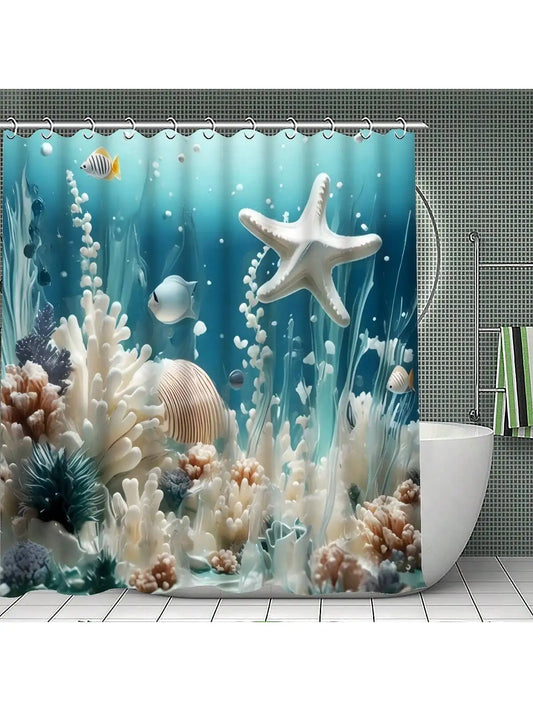 4pcs Coral Starfish Pattern Bathroom Set, Waterproof Fabric Shower Curtain With 12 Hooks Toilet Lid Cover, Bathroom Decor