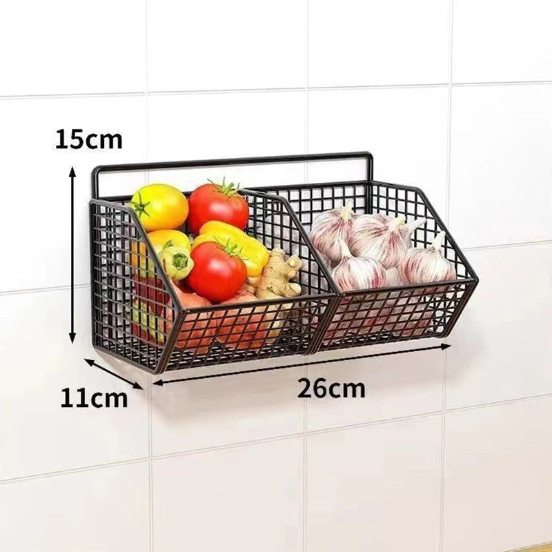 Wall-Mounted Kitchen Storage Basket – Durable Wire Rack for Vegetables & Fruits Home Organizer