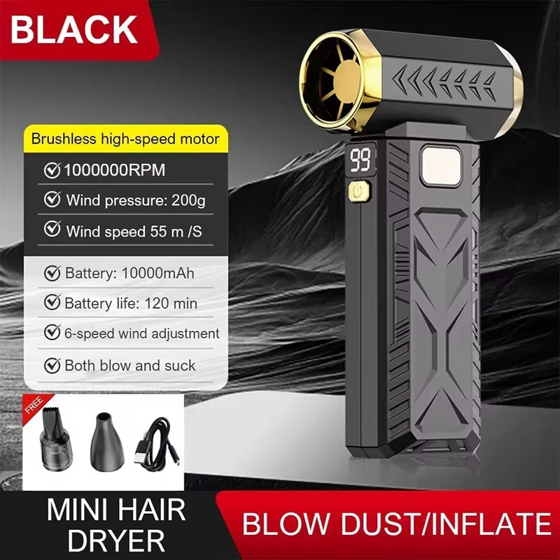 High-Speed Electric Air Blower 1,000,000 RPM Turbo Fan, Portable Dust Cleaner with Vacuum Function, Type-C Rechargeable 55m/s Brushless Jet Blower with LED Display