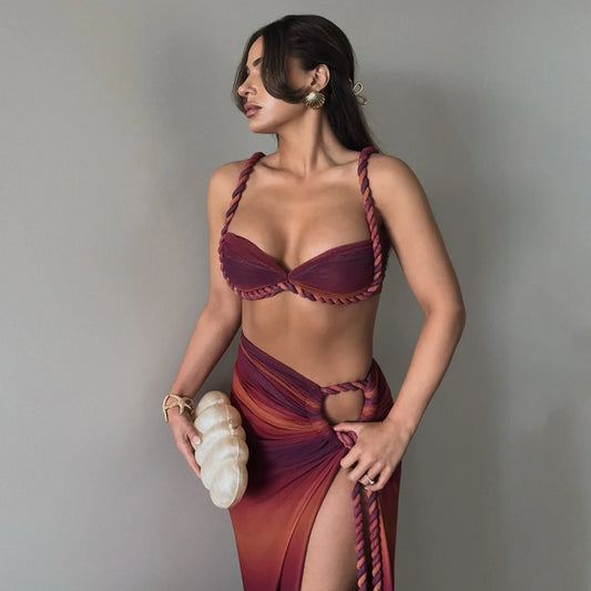 Women’s 3-Piece Bikini Set with Cover-Up Skirt, Push-Up Halter Swimsuit with Long Wrap Skirt, Sexy Beachwear Swimwear for Summer