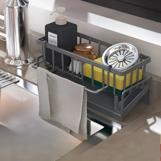 Drill-Free Sink Organizer, Multi-Use Sponge & Soap Holder with Drainage Rack for Kitchen Countertop Storage