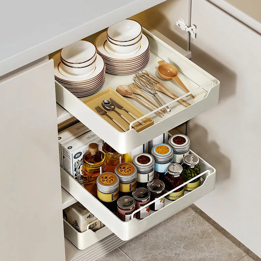 Slide Out Cabinet Organizer, Heavy Duty Sliding Drawer Pantry Shelf with Damping Guide & Nylon Adhesive
